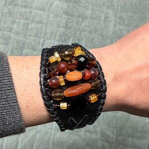 Leather Cuff Bracelet, Beaded, Black Brown, Tan, Boho, Vintage, Western